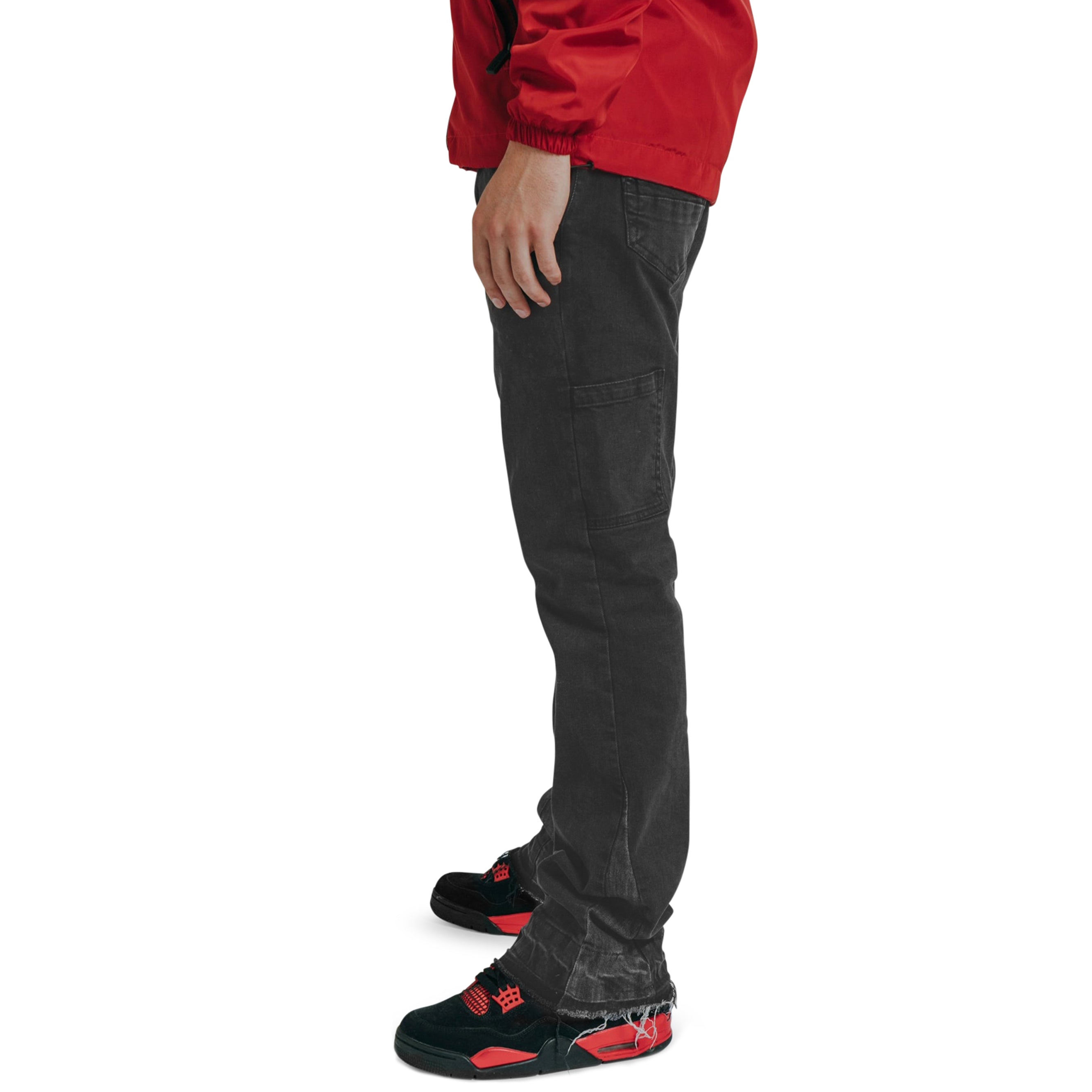 Model side view of Suavo World Flare Denim Washed Black